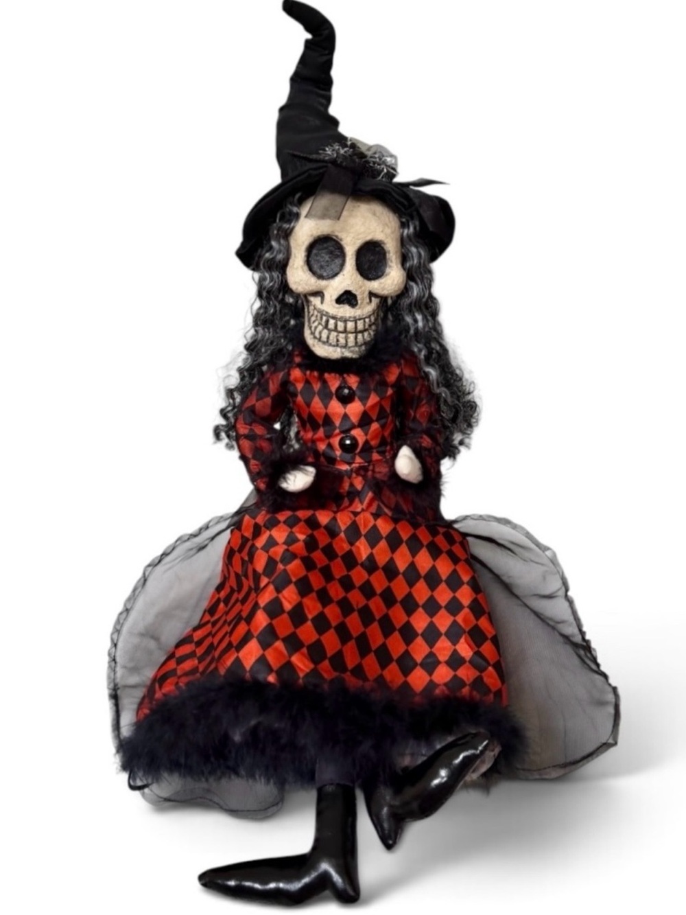 Broomstick Blvd Skeleton Harlequin Witch Shelf Sitter Doll 29”H